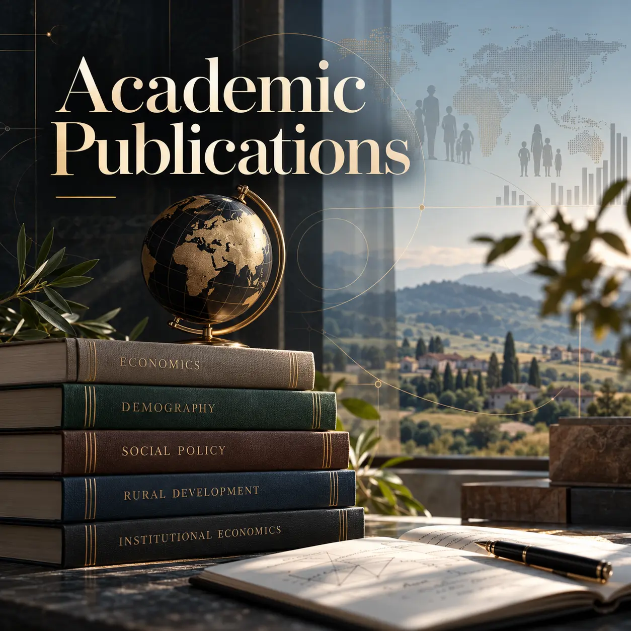 Publicações Académicas — investigação em economia, demografia, política social e desenvolvimento rural, representada por livros académicos, um globo e uma paisagem rural.