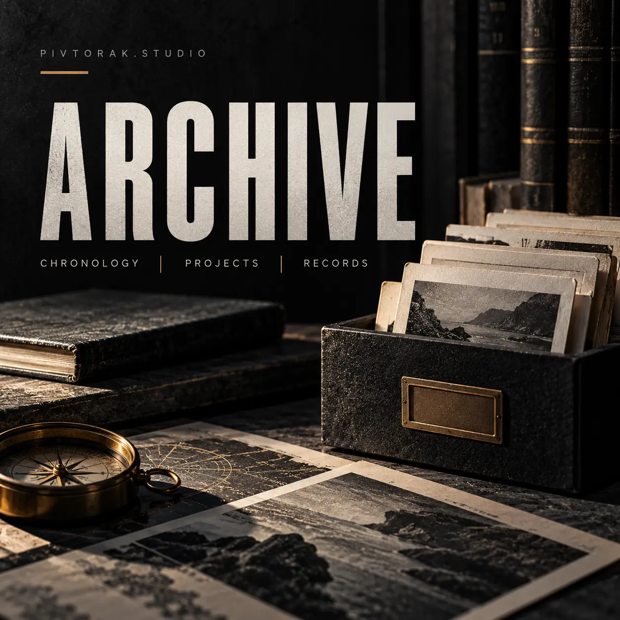 Natureza-morta de arquivo em tons escuros, com livros, fichas, mapas, fotografias e uma bússola de latão, com o título ARCHIVE em grandes letras editoriais.