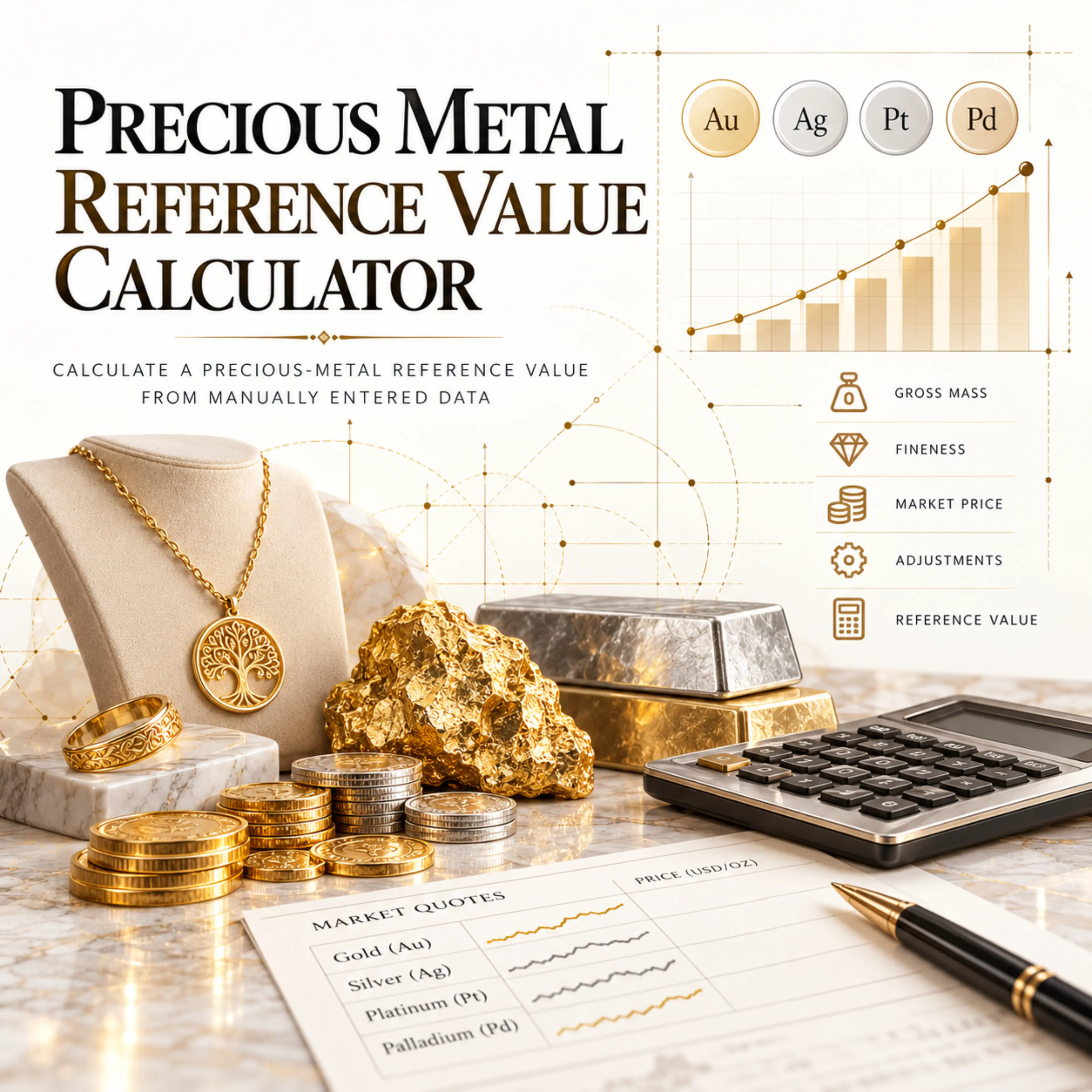 Calculators. Jewelry Calculators. Precious Metal Reference Value Calculator. AP | Pivtorak.Studio. 20.10.2026 © Anna Pivtorak (Kostyuk)