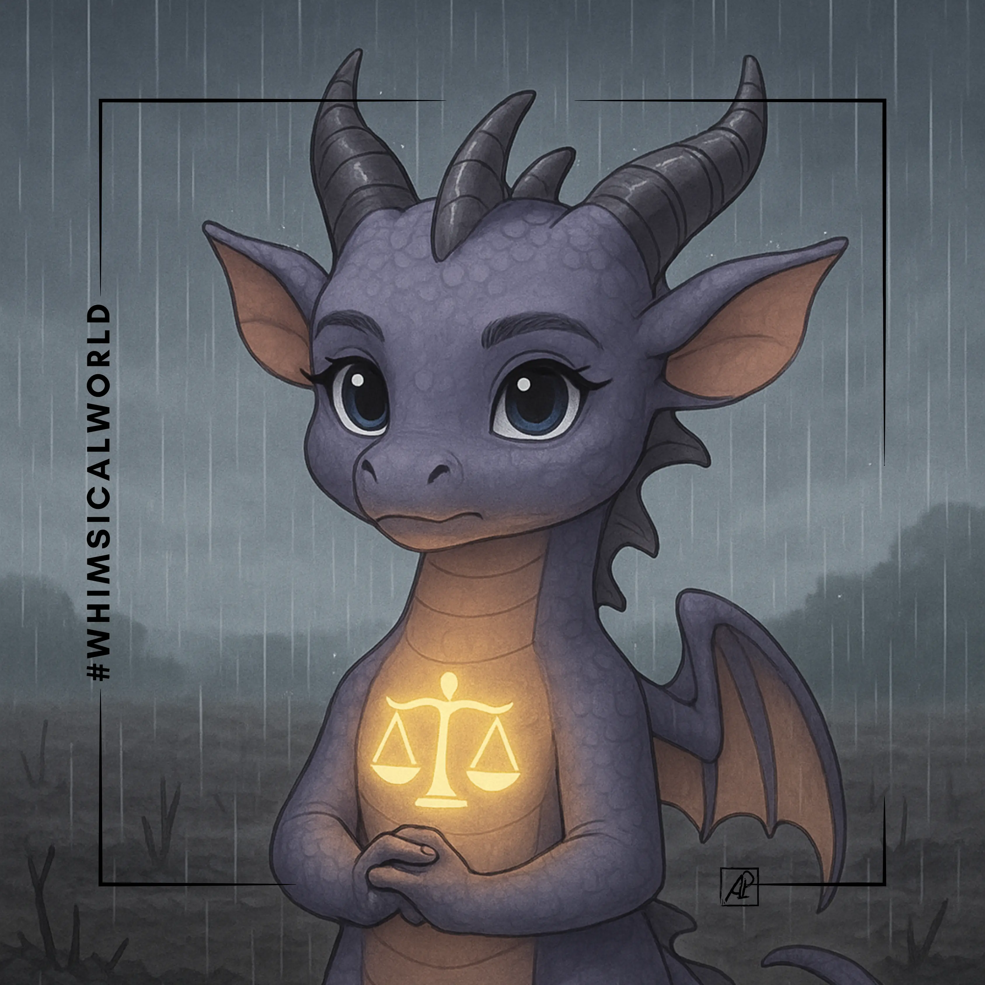 Uma jovem dragão de estilo europeu, com traços delicados e olhos expressivos, está de pé à chuva num campo queimado. Uma couraça luminosa com o símbolo das Balanças brilha no seu peito. A sua postura serena, a respiração suave e o olhar firme transmitem uma força tranquila e o início de algo significativo.