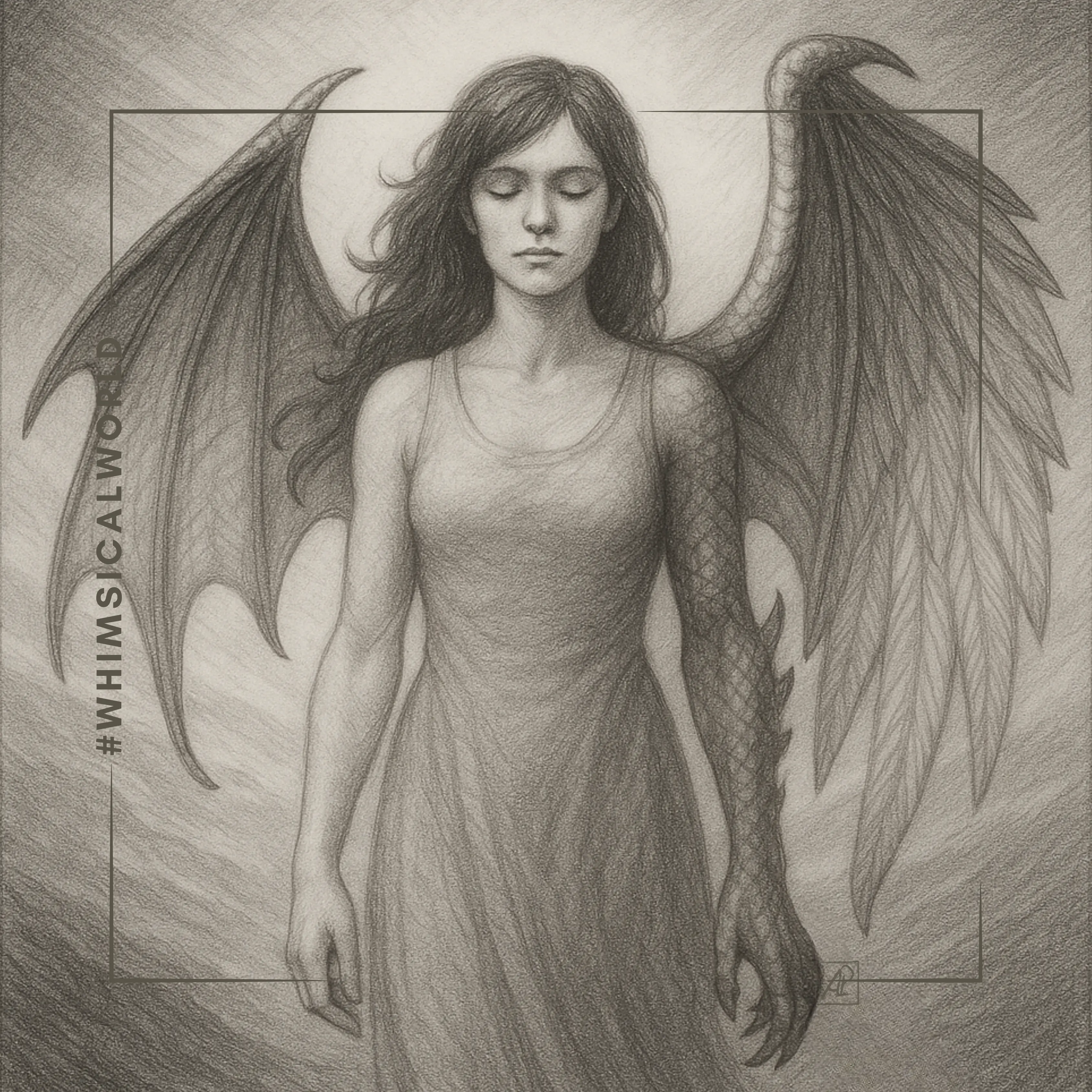 Esmée está ao vento, com as asas abertas, uma humana e outra dracónica. A luz do amanhecer envolve-a; os seus movimentos são serenos, mas poderosos.