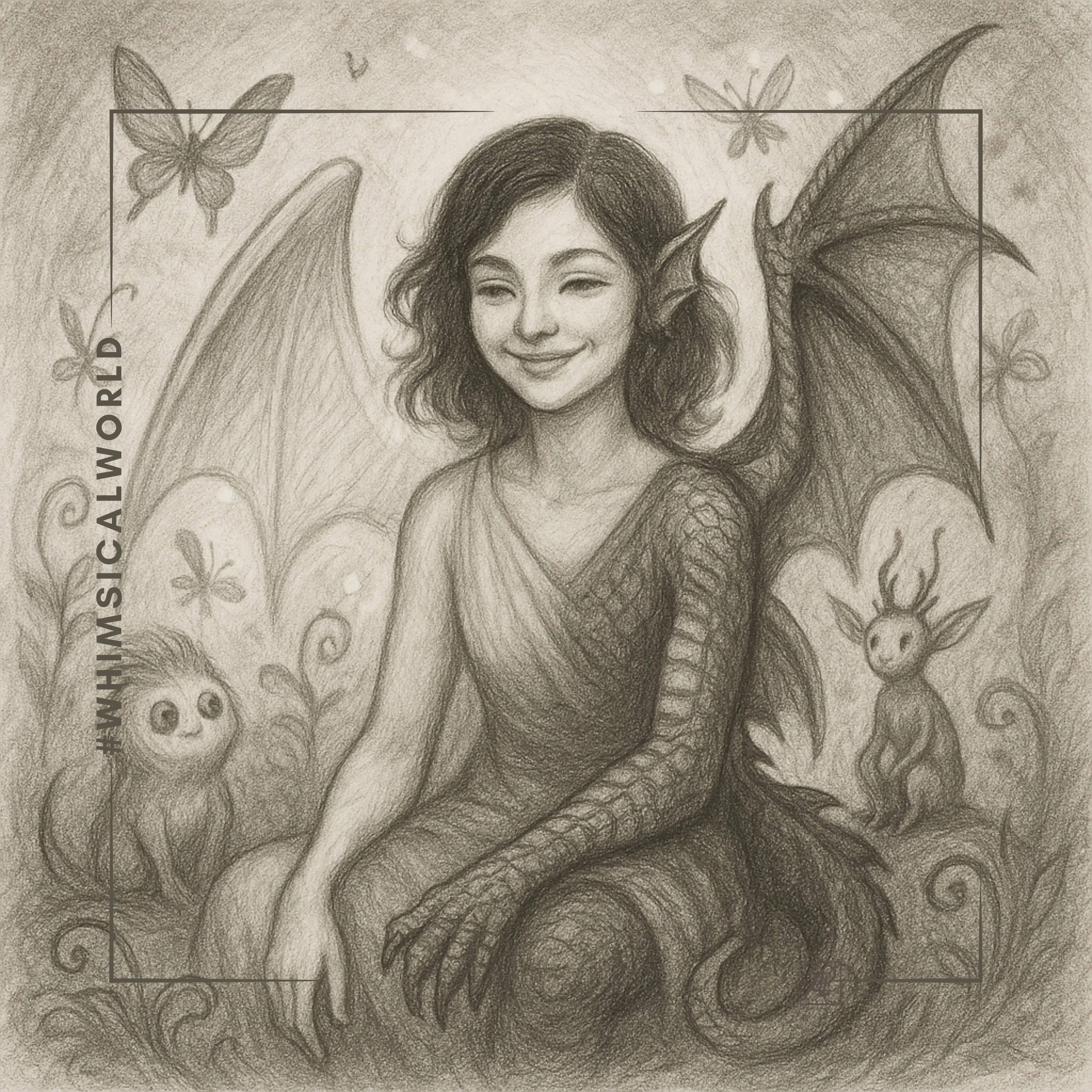 Esmée está sentada entre criaturas fantásticas, pequenos espíritos, borboletas e sombras suaves. O seu sorriso é delicado, o seu olhar sereno e o ar brilha como se estivesse cheio de riso.