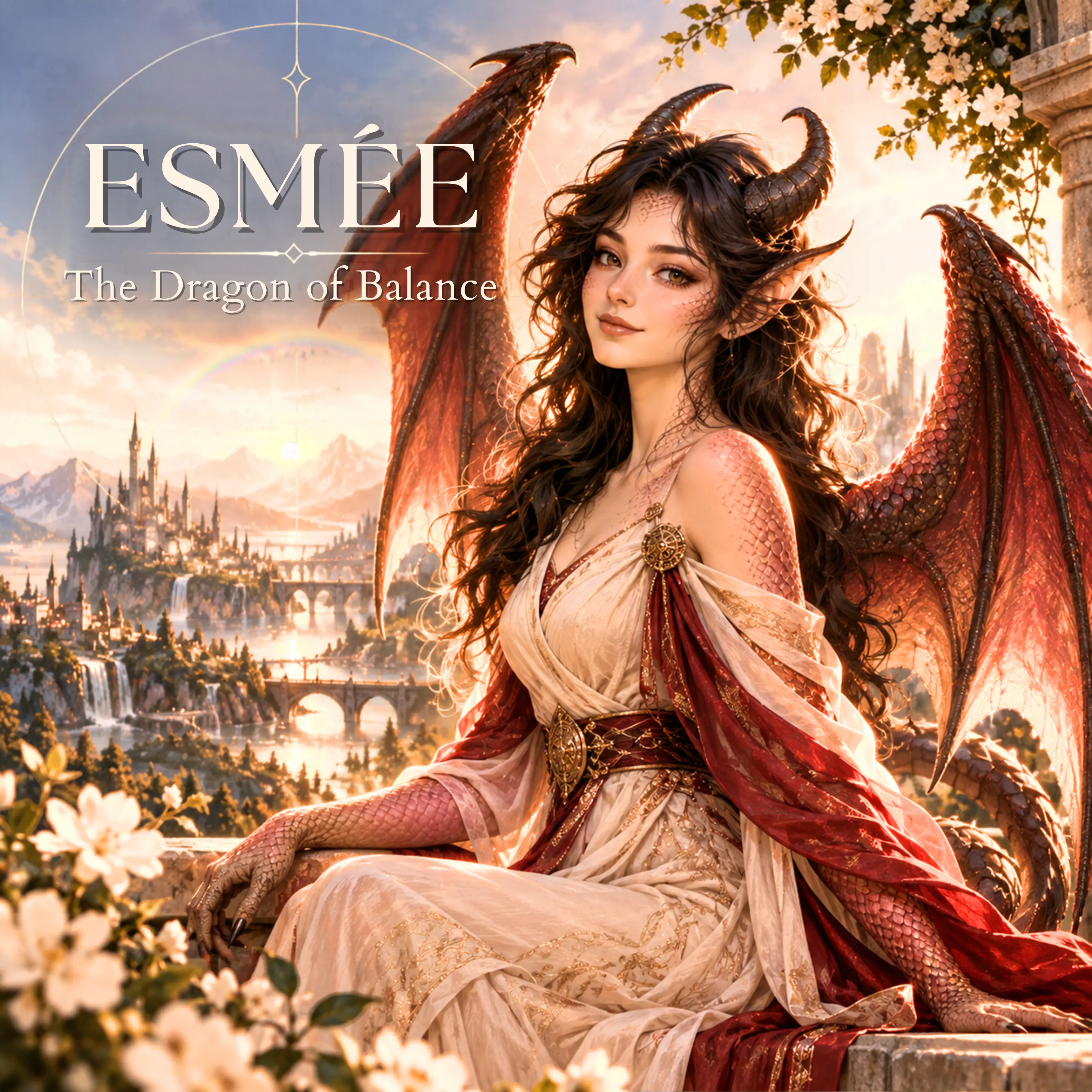 ESMÉE, o Dragão do Equilíbrio, uma mulher com traços de dragão, chifres curvos, cabelo escuro ondulado, pele com escamas e grandes asas, representada perante uma paisagem fantástica luminosa com luz dourada, pontes e torres ao longe.