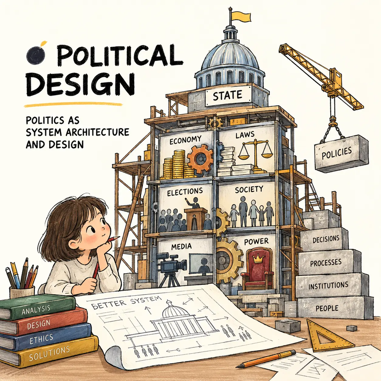 Design Político — ilustração editorial desenhada à mão de uma estrutura cívica em construção, com uma criança a estudar como a economia, as leis, as eleições, a sociedade, os meios de comunicação e o poder formam um sistema político.