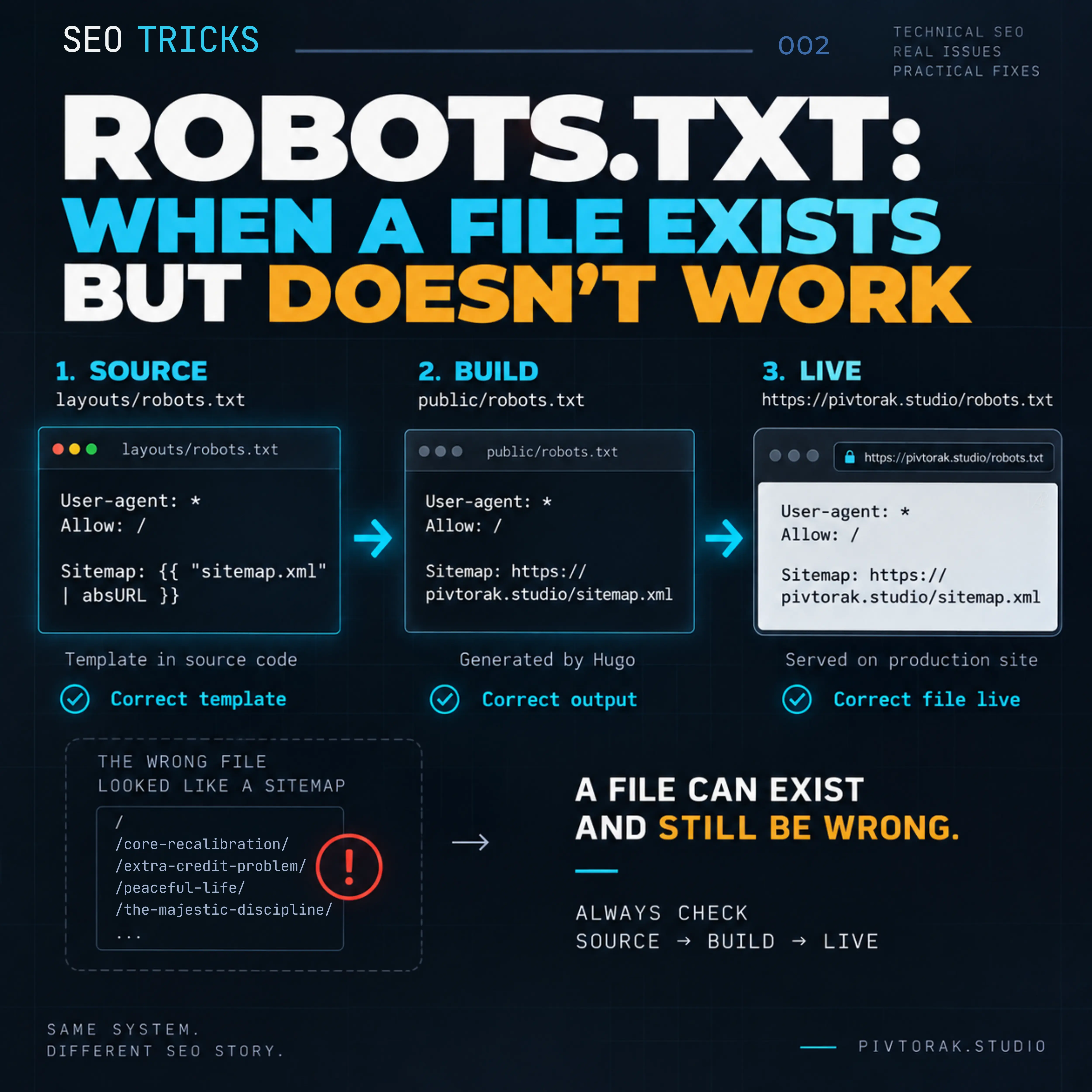 Uma ilustração técnica escura que mostra uma investigação de robots.txt através dos níveis Source, Build e Live.